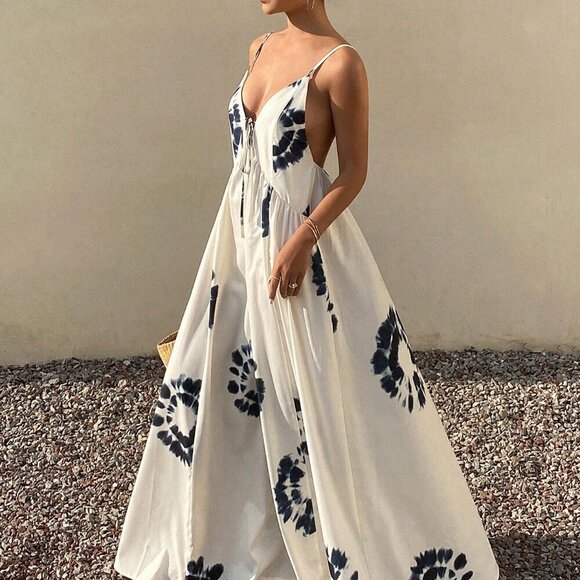 Beige Boho Women's Full Floral Print Spaghetti Strap Dress - Picture 3 of 7